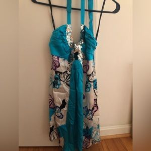 Bebe size XS teal satin butterfly dress